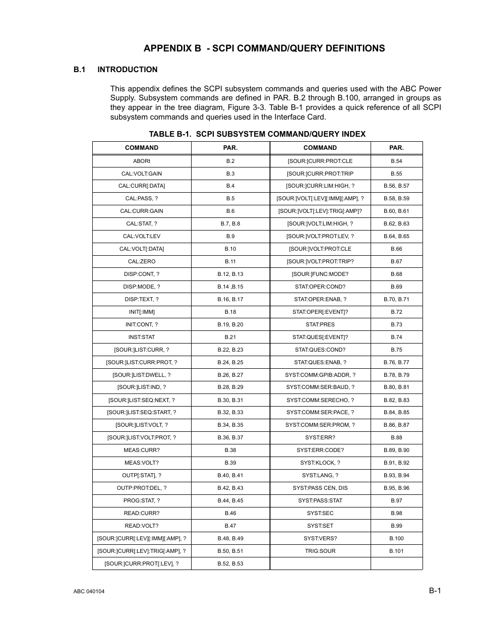 Appendix b - scpi command/query definitions, B.1 introduction, Table b-1. scpi subsystem command/query index | KEPCO ABC-DM SERIES User Manual | Page 71 / 96