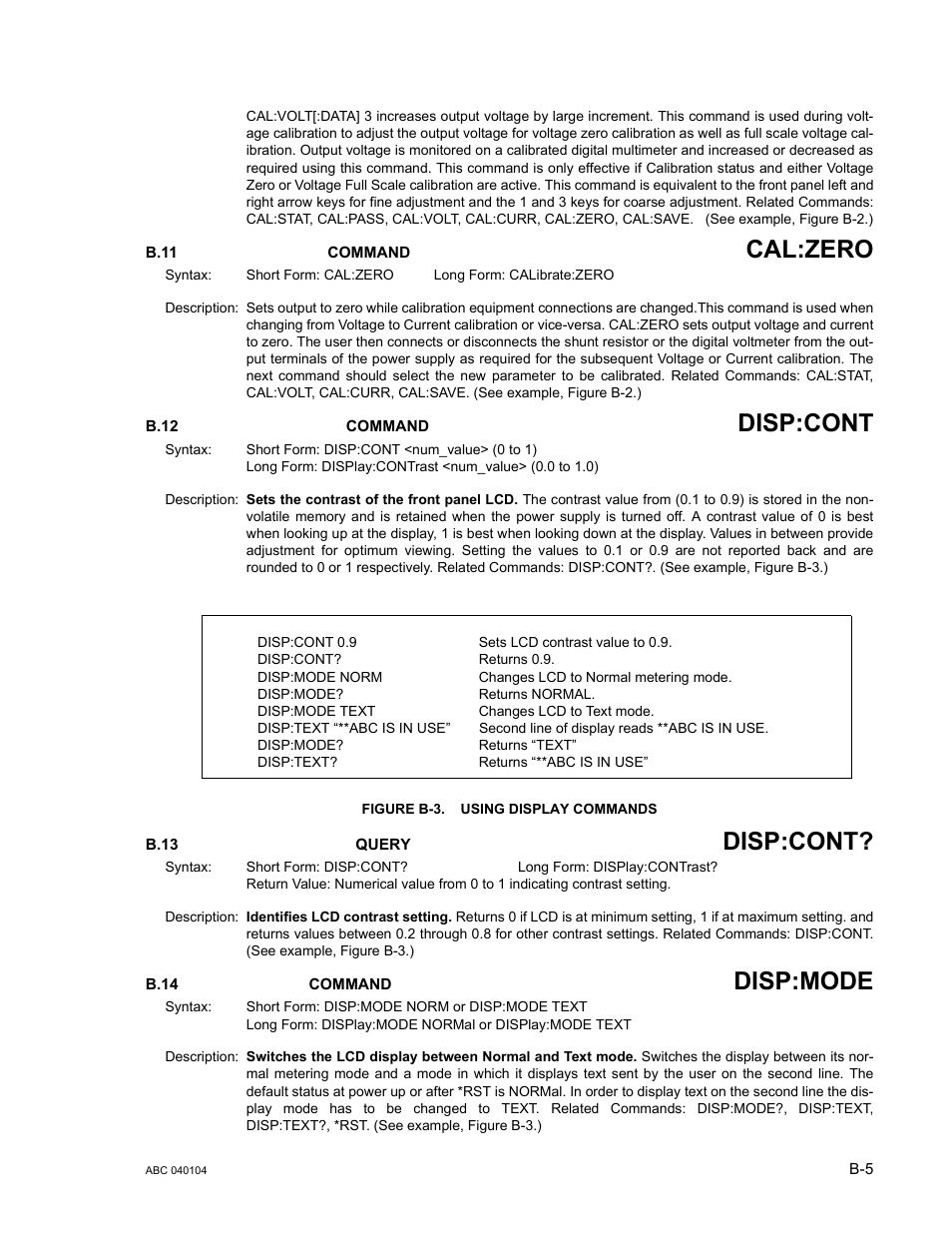 B.11 calibrate:zero command, B.12 display:contrast command, Figure b-3. using display commands | B.13 display:contrast? query, B.14 display:mode command, B.11, B.12, B.13, B.14, B.14 ,b | KEPCO ABC-DM SERIES User Manual | Page 75 / 96