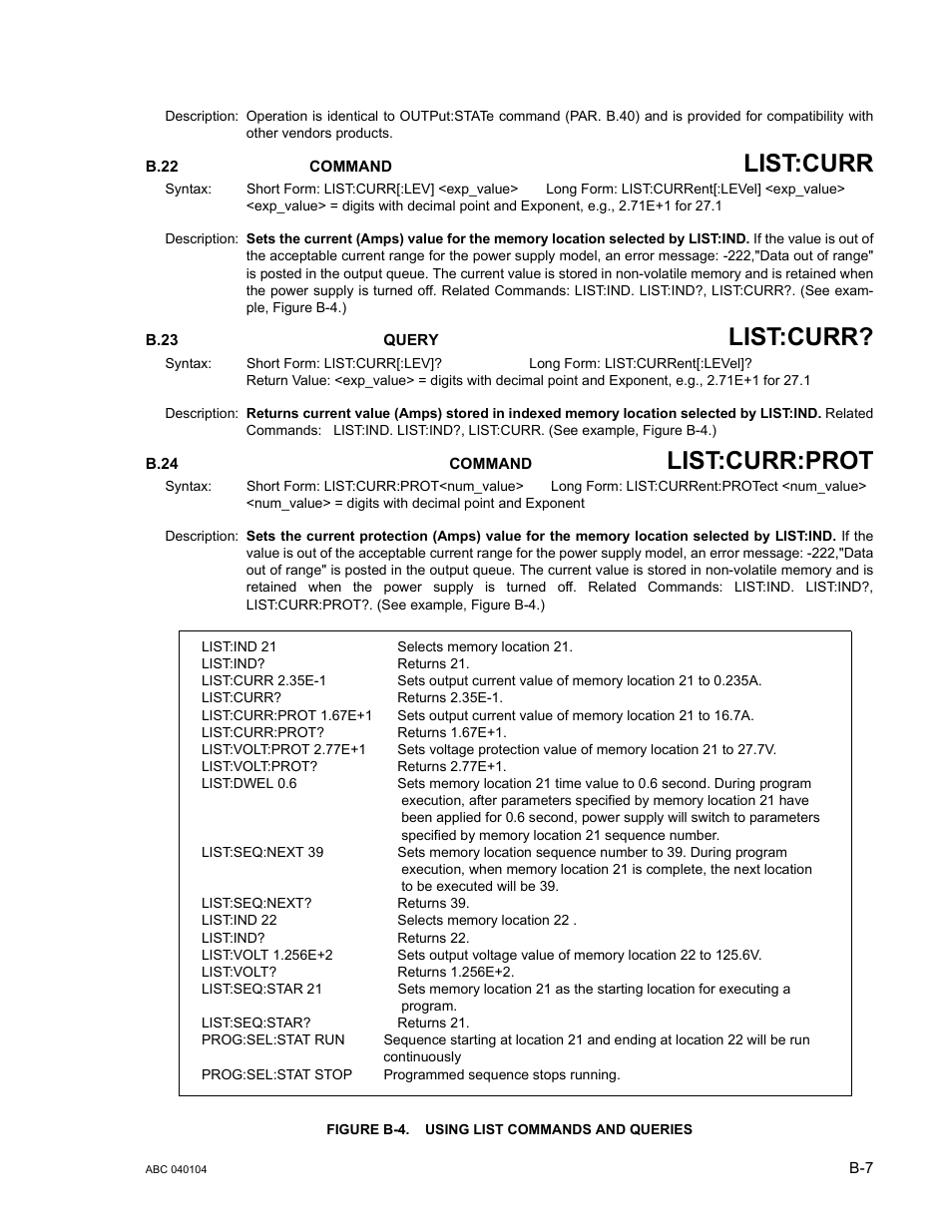 B.22 list:current command, B.23 [sour:]list:current? query, B.24 [sour:]list:current:protect command | Figure b-4. using list commands and queries, B.22, B.23, B.24, List:curr, List:curr:prot | KEPCO ABC-DM SERIES User Manual | Page 77 / 96