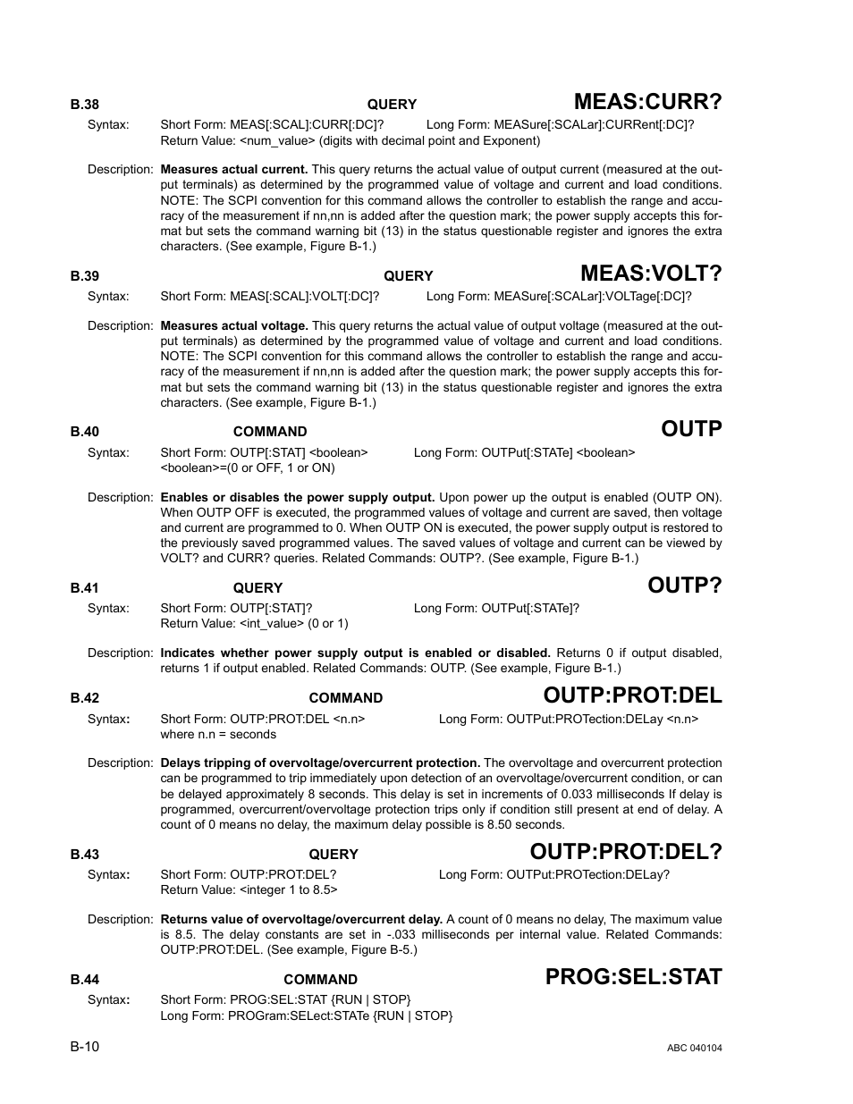 B.38 measure[:scalar]:current[:dc]? query, B.39 measure[:voltage][:scalar][:dc]? query, B.40 output[:state] command | B.41 output[:state] query, B.42 output:protection:delay command, B.43 output:protection:delay query, B.44 program:select:state command, B.38, B.39, B.40 | KEPCO ABC-DM SERIES User Manual | Page 80 / 96