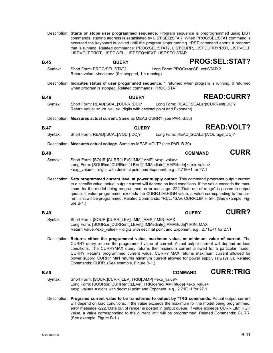 B.45 program:select:state? query, B.46 read[:scalar]:current[:dc]? query, B.47 read[:voltage][:scalar][:dc]? query | B.45, B.46, B.47, B.48, B.49, B.50, B.50, b | KEPCO ABC-DM SERIES User Manual | Page 81 / 96