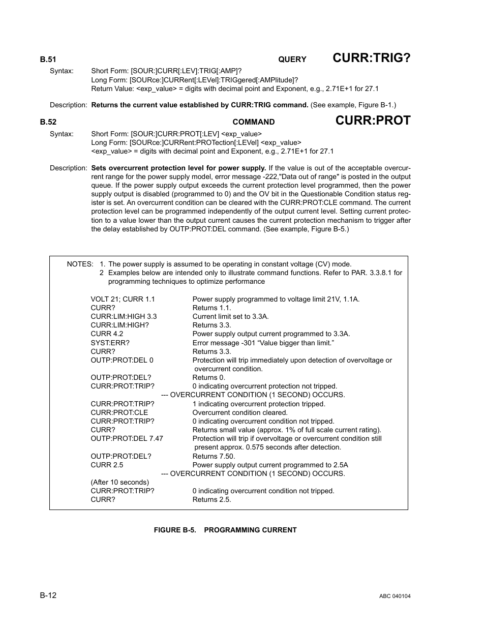 B.52 [source:]current:protection[:level] command, Figure b-5. programming current, B.51 | B.52, Curr:trig, Curr:prot | KEPCO ABC-DM SERIES User Manual | Page 82 / 96