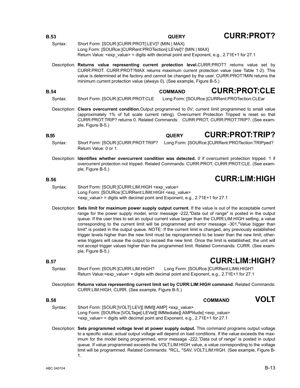 B.53 [source:]current:protection[:level]? query, B.54 [source:]current:protection:clear command, B.55 [source:]current:protection:tripped? query | B.56 [source:]current:limit:high command, B.57 [source:]current:limit:high? query, B.53, B.54, B.55, B.56, B.57 | KEPCO ABC-DM SERIES User Manual | Page 83 / 96