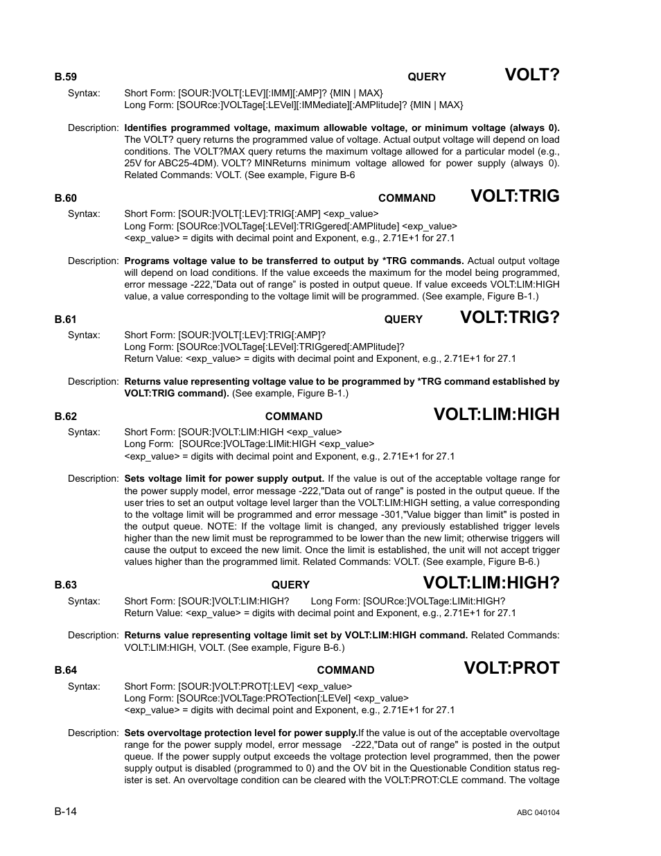 B.62 [source:]voltage:limit:high command, B.63 [source:]voltage:limit:high? query, B.64 [source:]voltage:protection[:level] command | B.59, B.60, B.61, B.62, B.63, B.64, B.60, b.61 | KEPCO ABC-DM SERIES User Manual | Page 84 / 96