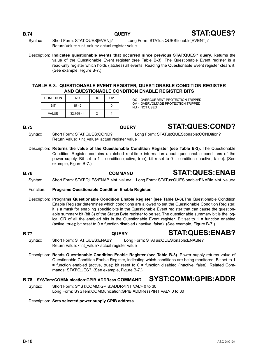 B.74 status:questionable[:event]? query, B.75 status:questionable:condition? query, B.76 status:questionable:enable command | B.77 status:questionable:enable? query, B.78 system:communication:gpib:address command, B.74, B.75, B.76, B.77, B.78 | KEPCO ABC-DM SERIES User Manual | Page 88 / 96