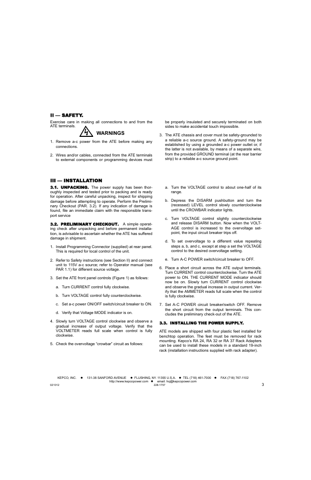 Ii — safety, Iii — installation, Unpacking | Preliminary checkout, Installing the power supply, Warnings | KEPCO ATE (all models) QUICK START GUIDE User Manual | Page 3 / 8