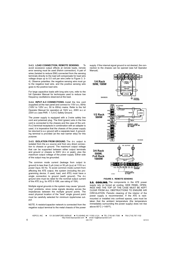Load connection, remote sensing, Input a-c connections, Isolation from ground | Cooling, R. 3.4.3 for | KEPCO ATE (all models) QUICK START GUIDE User Manual | Page 6 / 8