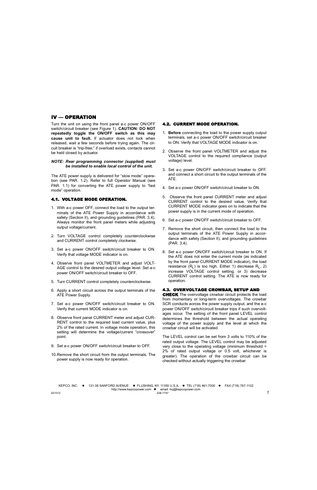 Iv — operation, Voltage mode operation, Current mode operation | Overvoltage crowbar, setup and check | KEPCO ATE (all models) QUICK START GUIDE User Manual | Page 7 / 8