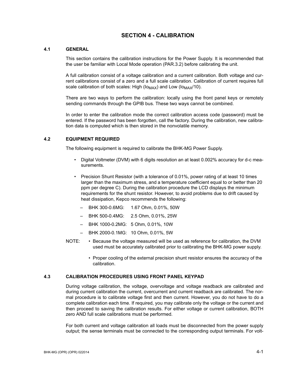 Section 4 - calibration, 1 general, 2 equipment required | 3 calibration procedures using front panel keypad, General -1, Equipment required -1, Calibration procedures using front panel keypad -1, R. 4.2) | KEPCO BHK-MG 200W (Full Rack) Series User Manual | Page 115 / 152