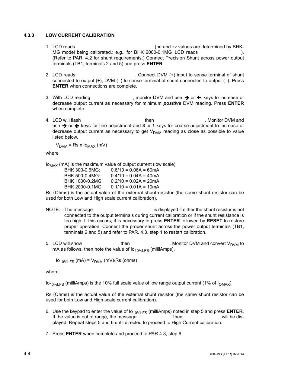 3 low current calibration, Low current calibration -4, R. 4.3.3) | S) noted in step 5 and press, S 5 and 6 un | KEPCO BHK-MG 200W (Full Rack) Series User Manual | Page 118 / 152