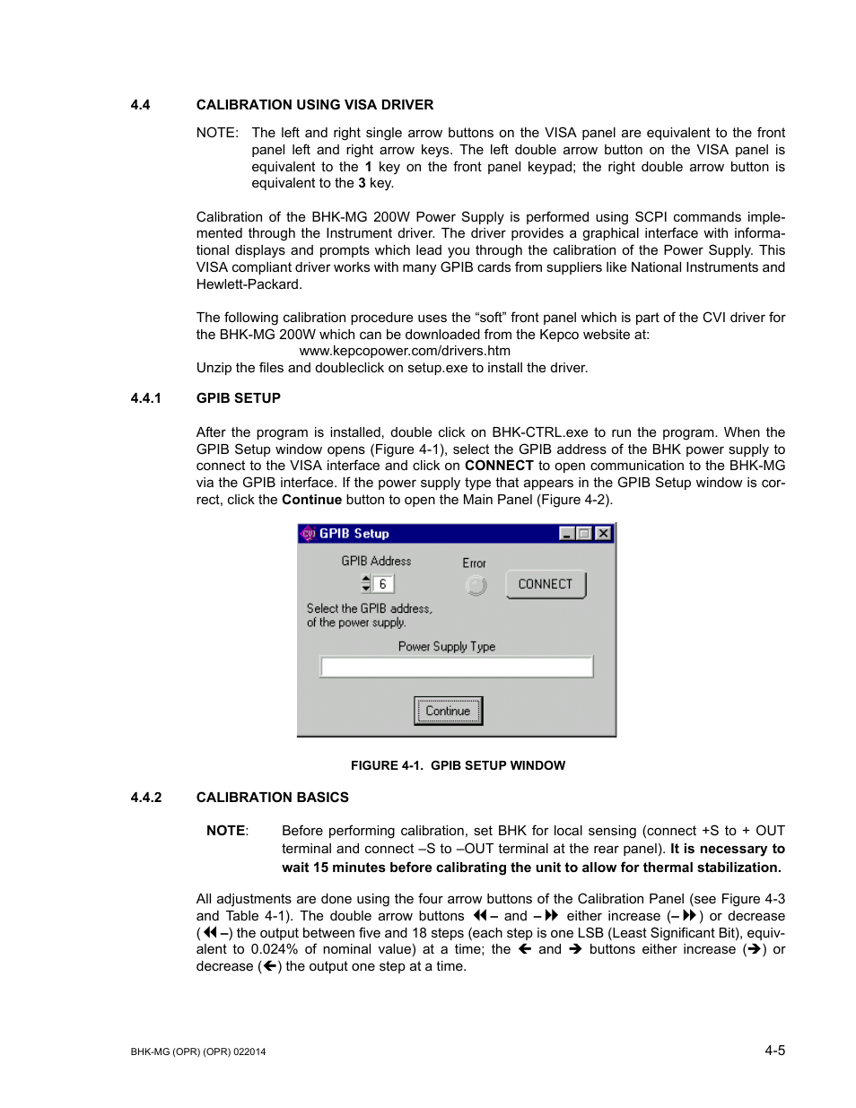 4 calibration using visa driver, 1 gpib setup, Figure 4-1. gpib setup window | 2 calibration basics, Calibration using visa driver -5, Gpib setup -5, Calibration basics -5, Gpib setup window -5 | KEPCO BHK-MG 200W (Full Rack) Series User Manual | Page 119 / 152