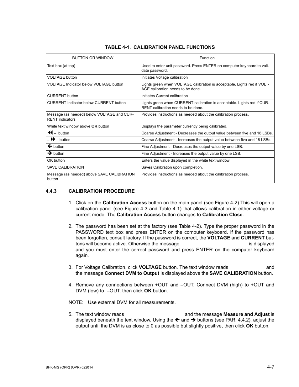 Table 4-1. calibration panel functions, 3 calibration procedure, Calibration procedure -7 | Calibration panel functions -7, Ble 4-1) | KEPCO BHK-MG 200W (Full Rack) Series User Manual | Page 121 / 152