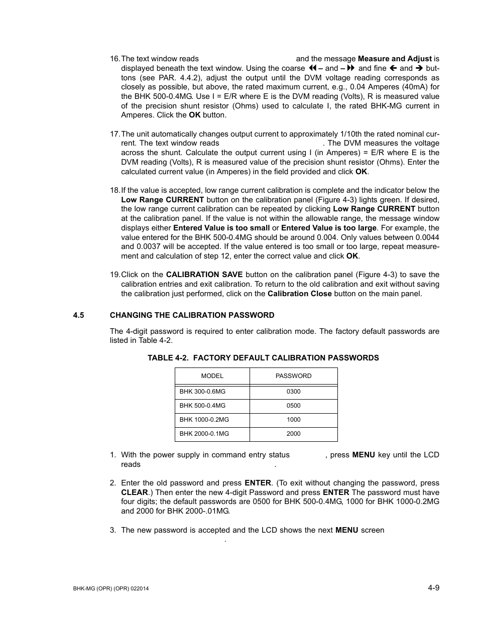 5 changing the calibration password, Table 4-2. factory default calibration passwords, Changing the calibration password -9 | Factory default calibration passwords -9, R. 4.5 to ch, Step 19 | KEPCO BHK-MG 200W (Full Rack) Series User Manual | Page 123 / 152