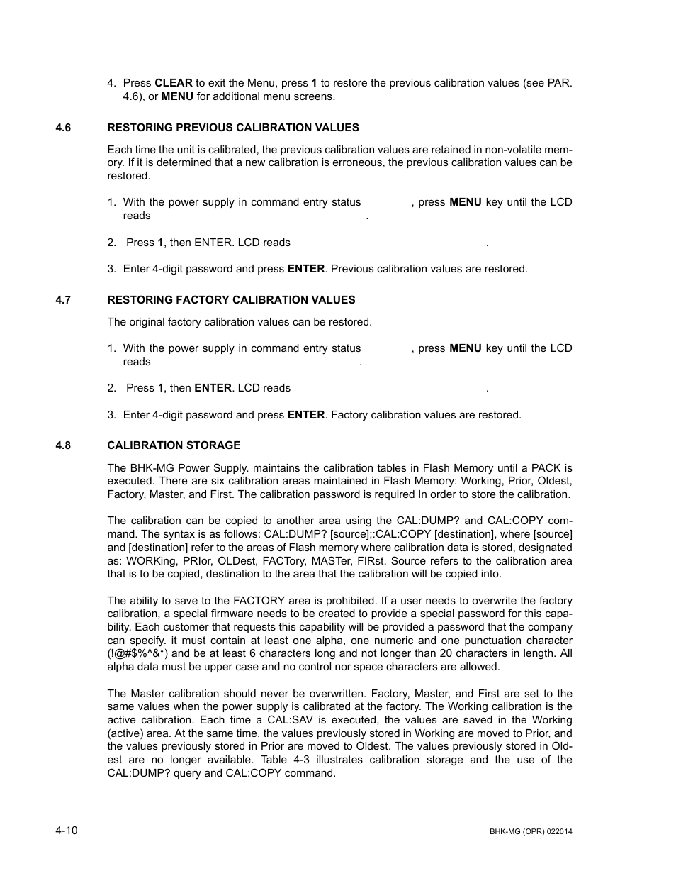 6 restoring previous calibration values, 7 restoring factory calibration values, 8 calibration storage | Restoring previous calibration values -10, Restoring factory calibration values -10, Calibration storage -10 | KEPCO BHK-MG 200W (Full Rack) Series User Manual | Page 124 / 152