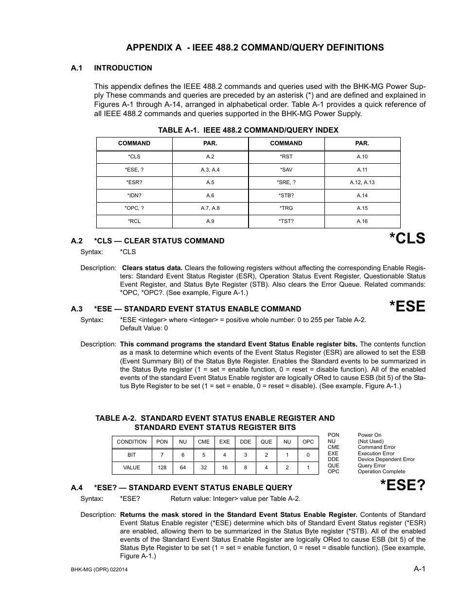 Appendix a - ieee 488.2 command/query definitions, Table a-1. ieee 488.2 command/query index, A.2 *cls — clear status command | A.3 *ese — standard event status enable command, A.4 *ese? — standard event status enable query | KEPCO BHK-MG 200W (Full Rack) Series User Manual | Page 127 / 152