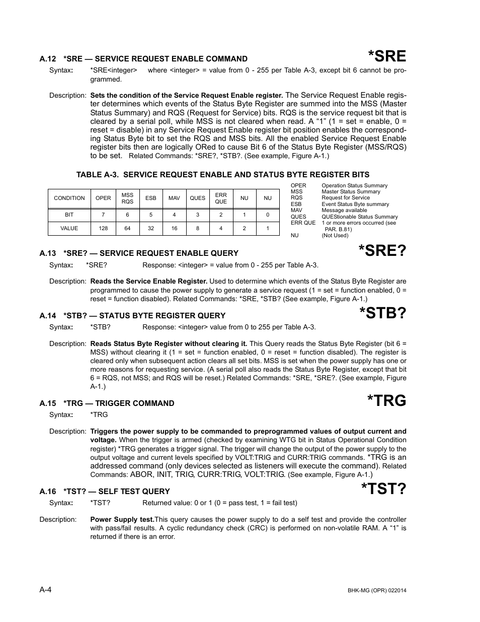 A.12 *sre — service request enable command, A.13 *sre? — service request enable query, A.14 *stb? — status byte register query | A.15 *trg — trigger command, A.16 *tst? — self test query, A.12, A.13, A.14, A.15, A.16 | KEPCO BHK-MG 200W (Full Rack) Series User Manual | Page 130 / 152