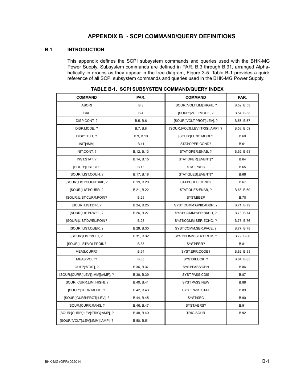 Appendix b - scpi command/query definitions, Table b-1. scpi subsystem command/query index | KEPCO BHK-MG 200W (Full Rack) Series User Manual | Page 131 / 152