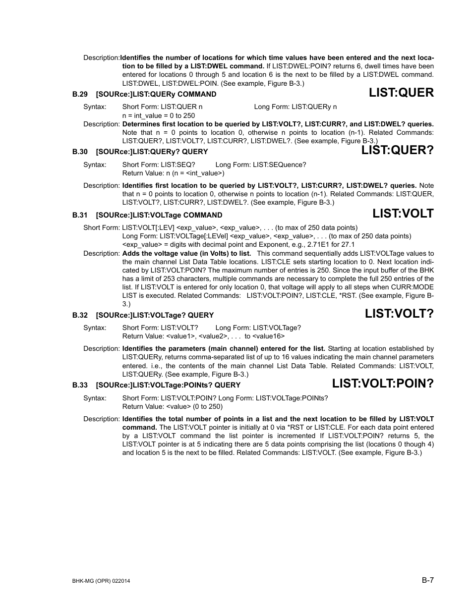 B.29 [source:]list:query command, B.30 [source:]list:query? query, B.31 [source:]list:voltage command | B.32 [source:]list:voltage? query, B.33 [source:]list:voltage:points? query, B.29, Source, B.30, Sourc, B.31 | KEPCO BHK-MG 200W (Full Rack) Series User Manual | Page 137 / 152