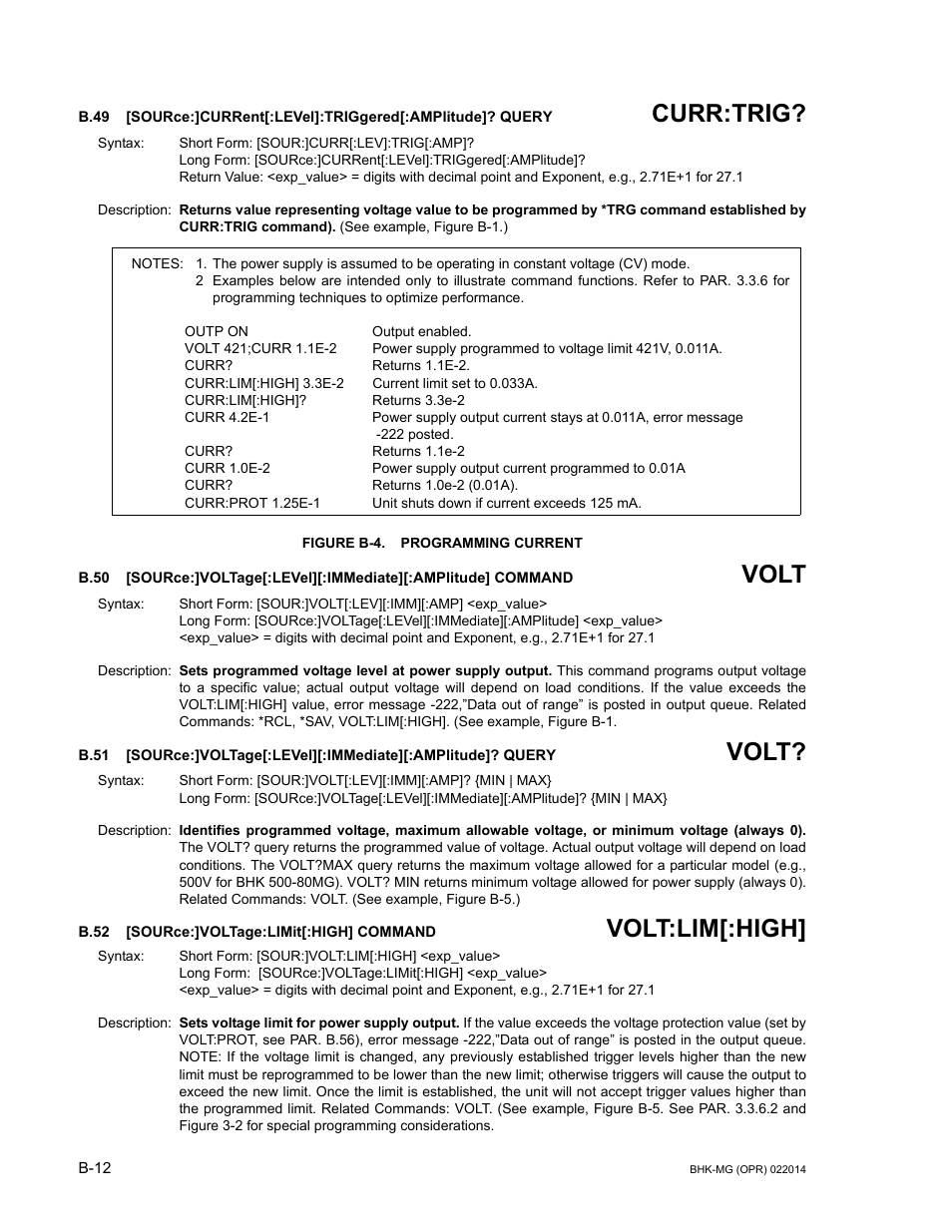 Figure b-4. programming current, B.52 [source:]voltage:limit[:high] command, B.49 | Sourc, B.50, B.51, B.52, B.50, b.51, Curr:trig, Volt | KEPCO BHK-MG 200W (Full Rack) Series User Manual | Page 142 / 152