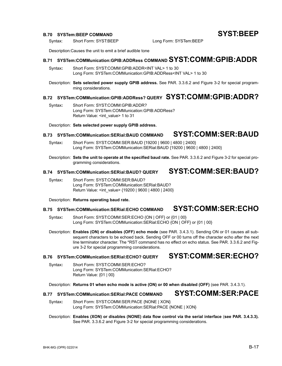 B.70 system:beep command, B.71 system:communication:gpib:address command, B.72 system:communication:gpib:address? query | B.73 system:communication:serial:baud command, B.74 system:communication:serial:baud? query, B.75 system:communication:serial:echo command, B.76 system:communication:serial:echo? query, B.77 system:communication:serial:pace command, B.70, System:beep | KEPCO BHK-MG 200W (Full Rack) Series User Manual | Page 147 / 152