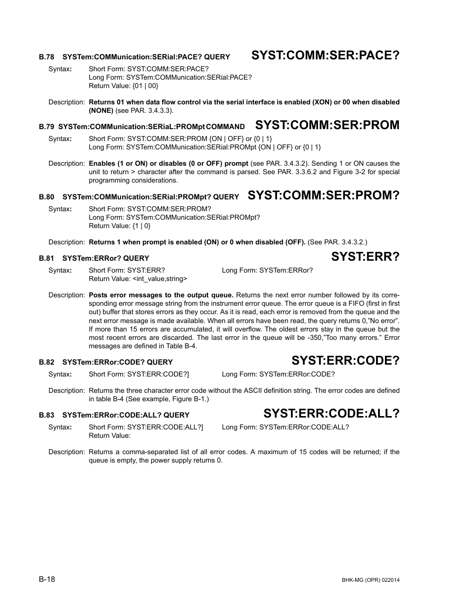 B.78 system:communication:serial:pace? query, B.79 system:communication:serial:prompt command, B.80 system:communication:serial:prompt? query | B.81 system:error? query, B.82 system:error:code? query, B.83 system:error:code:all? query, B.78, System:communic, B.79, B.80 | KEPCO BHK-MG 200W (Full Rack) Series User Manual | Page 148 / 152