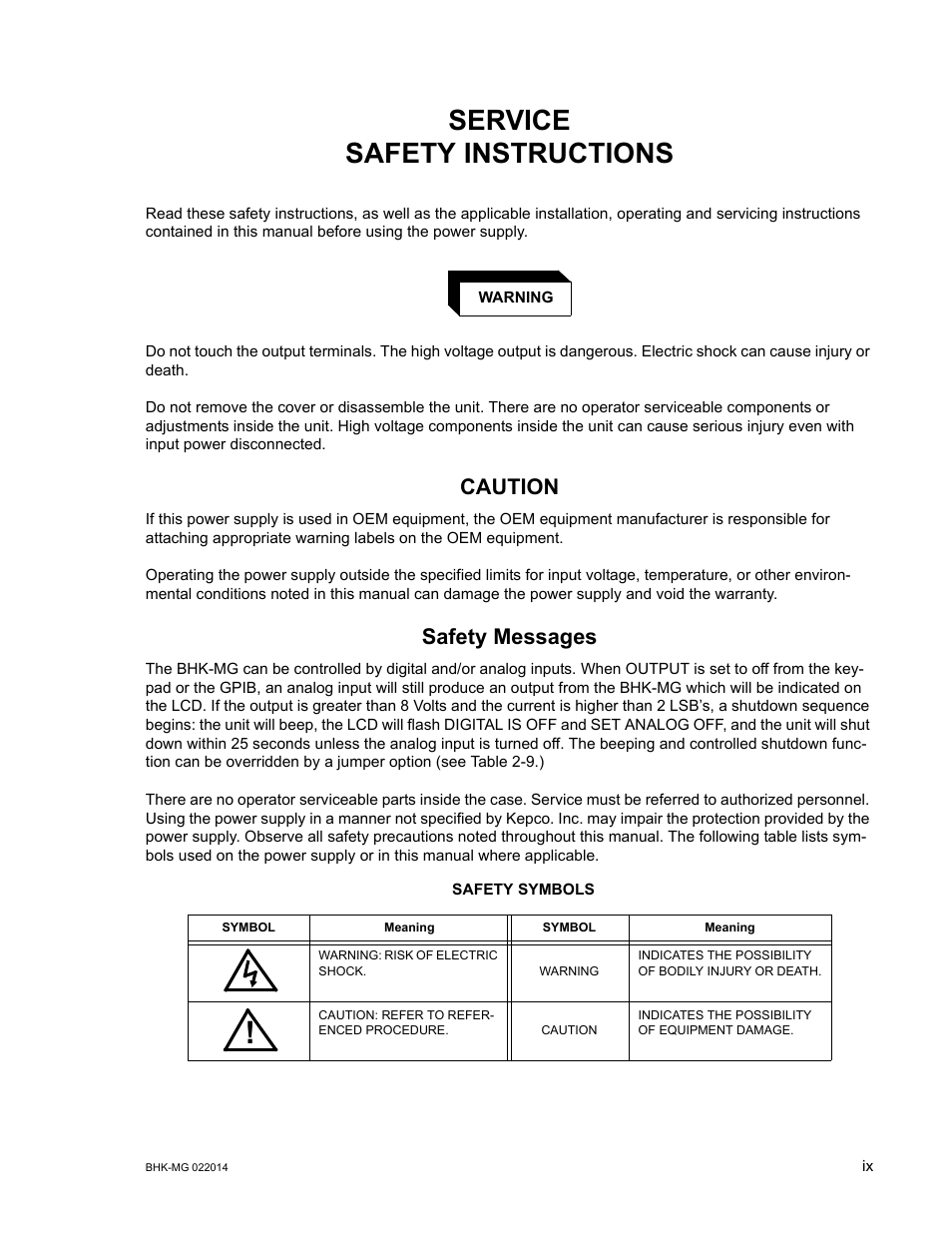 Service safety instructions, Caution, Safety messages | KEPCO BHK-MG 200W (Full Rack) Series User Manual | Page 15 / 152