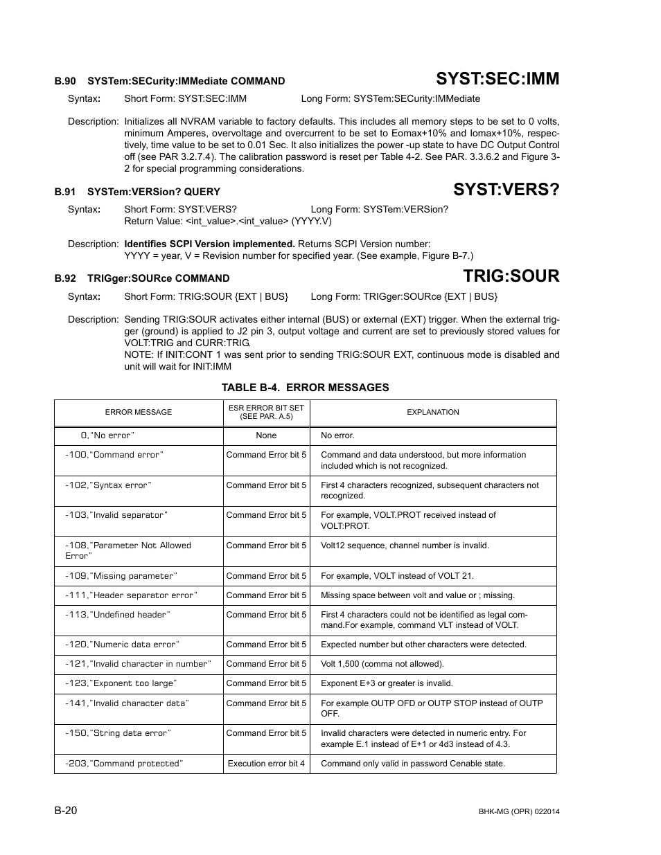 B.90 system:security:immediate command, B.91 system:version? query, B.92 trigger:source command | Table b-4. error messages, B.90, System:security:im, B.91, System:versi, B.92, Trigger | KEPCO BHK-MG 200W (Full Rack) Series User Manual | Page 150 / 152