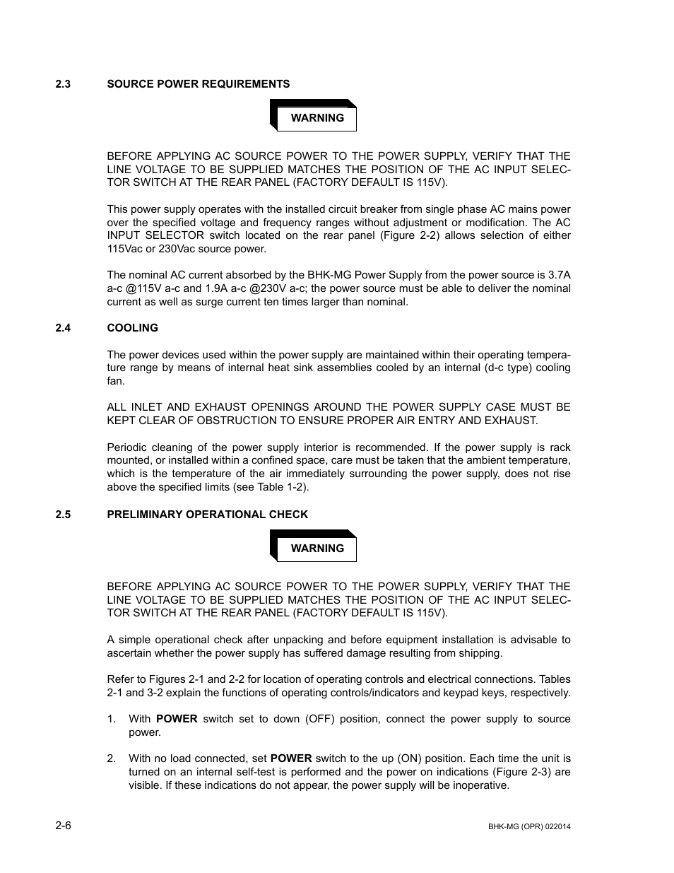 3 source power requirements, 4 cooling, 5 preliminary operational check | Source power requirements -6, Cooling -6, Preliminary operational check -6 | KEPCO BHK-MG 200W (Full Rack) Series User Manual | Page 36 / 152