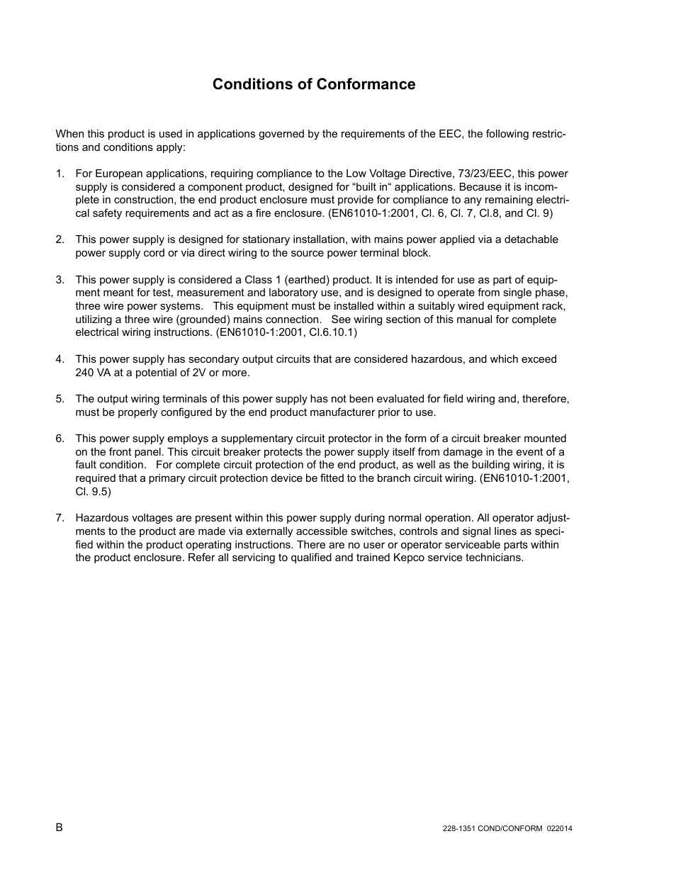 Conditions of conformance | KEPCO BHK-MG 200W (Full Rack) Series User Manual | Page 4 / 152