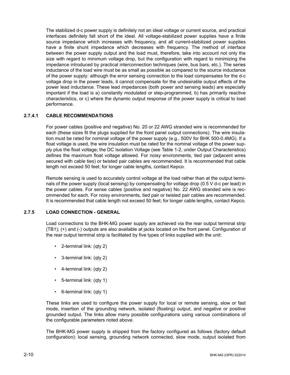 1 cable recommendations, 5 load connection - general, Cable recommendations -10 | Load connection - general -10 | KEPCO BHK-MG 200W (Full Rack) Series User Manual | Page 40 / 152