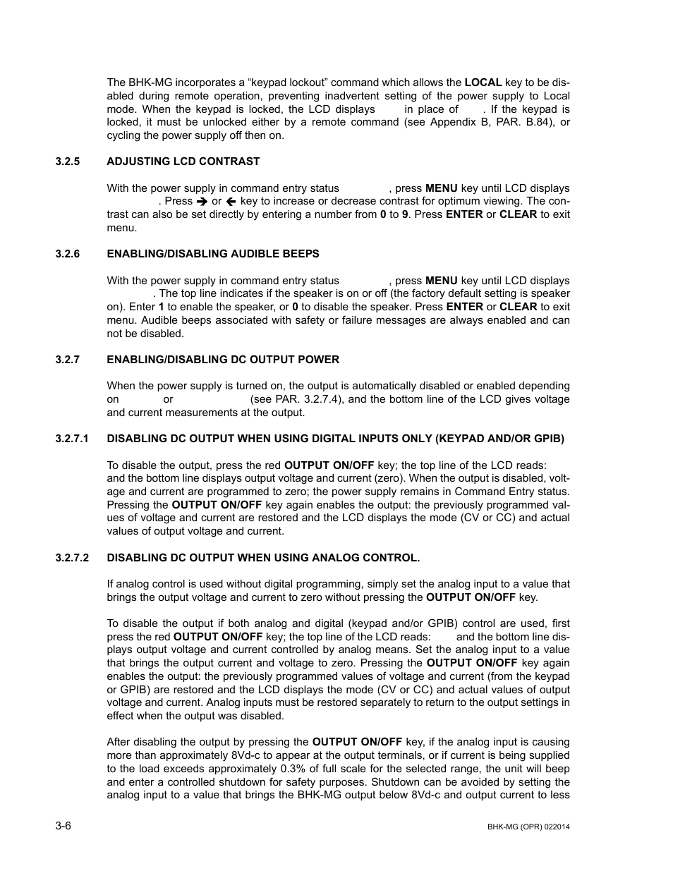 5 adjusting lcd contrast, 6 enabling/disabling audible beeps, 7 enabling/disabling dc output power | 2 disabling dc output when using analog control, Adjusting lcd contrast -6, Enabling/disabling audible beeps -6, Enabling/disabling dc output power -6, Disabling dc output when using analog control -6 | KEPCO BHK-MG 200W (Full Rack) Series User Manual | Page 50 / 152