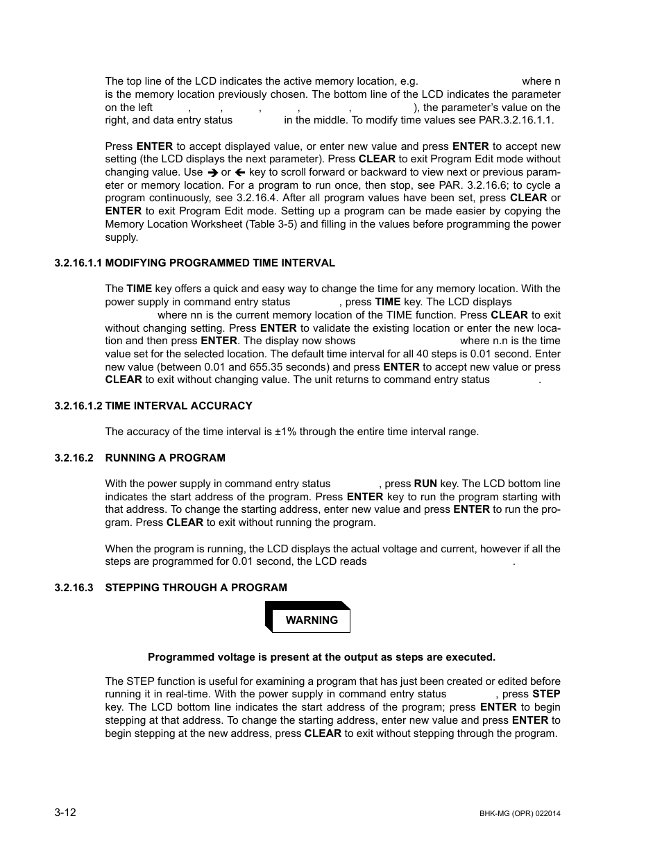 1 modifying programmed time interval, 2 time interval accuracy, 2 running a program | 3 stepping through a program, Modifying programmed time interval -12, Time interval accuracy -12, Running a program -12, Stepping through a program -12 | KEPCO BHK-MG 200W (Full Rack) Series User Manual | Page 56 / 152