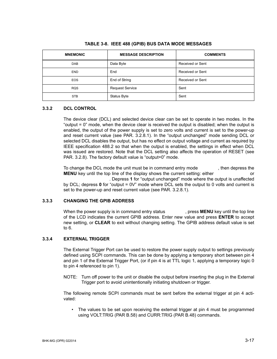 Table 3-8. ieee 488 (gpib) bus data mode messages, 2 dcl control, 3 changing the gpib address | 4 external trigger, Dcl control -17, Changing the gpib address -17, External trigger -17, Ieee 488 (gpib) bus data mode messages -17, 4 and b.92.) | KEPCO BHK-MG 200W (Full Rack) Series User Manual | Page 61 / 152