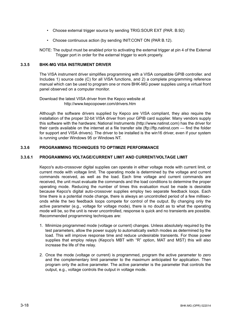 5 bhk-mg visa instrument driver, 6 programming techniques to optimize performance, Bhk-mg visa instrument driver -18 | Programming techniques to optimize performance -18 | KEPCO BHK-MG 200W (Full Rack) Series User Manual | Page 62 / 152