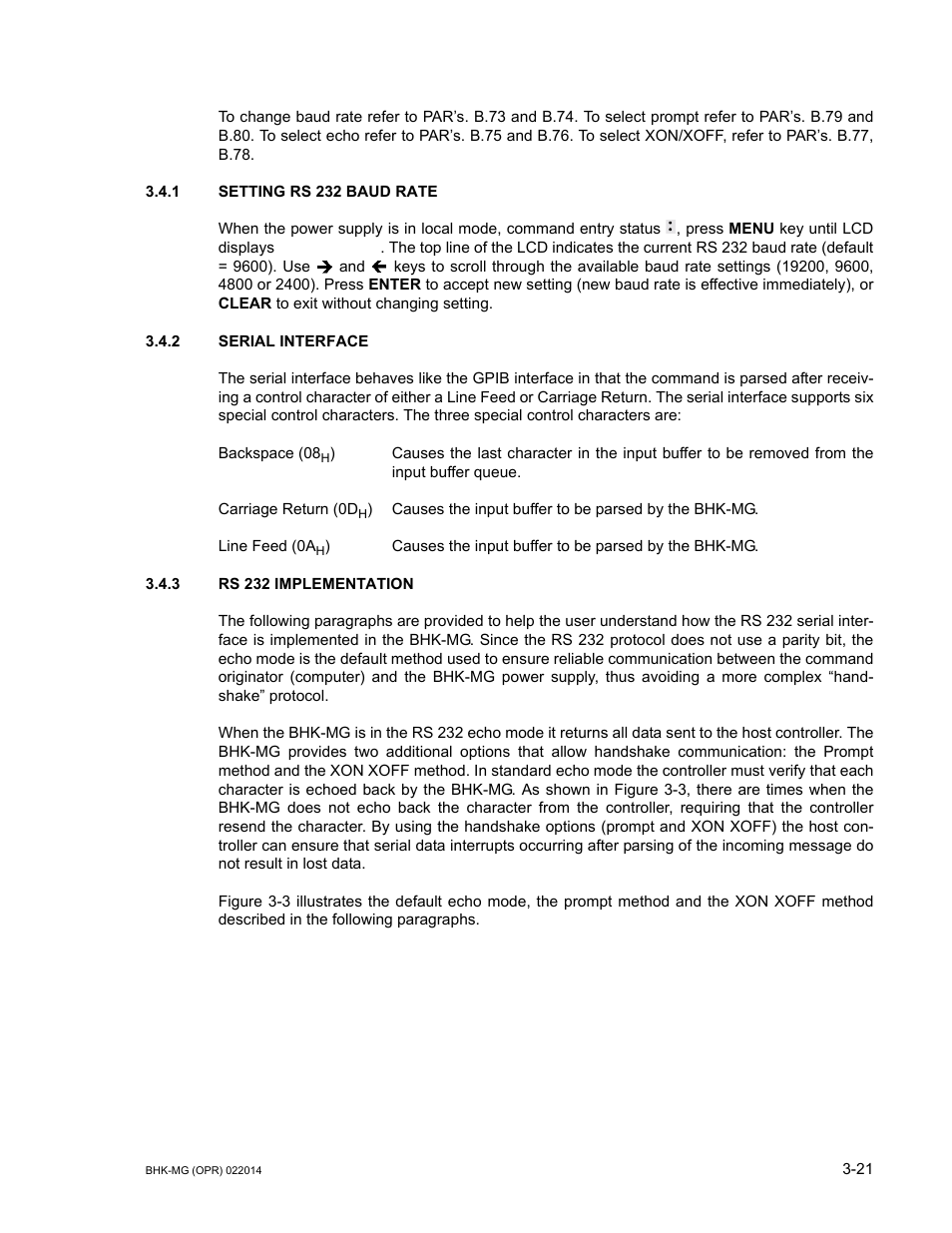 1 setting rs 232 baud rate, 2 serial interface, 3 rs 232 implementation | Setting rs 232 baud rate -21, Serial interface -21, Rs 232 implementation -21 | KEPCO BHK-MG 200W (Full Rack) Series User Manual | Page 65 / 152