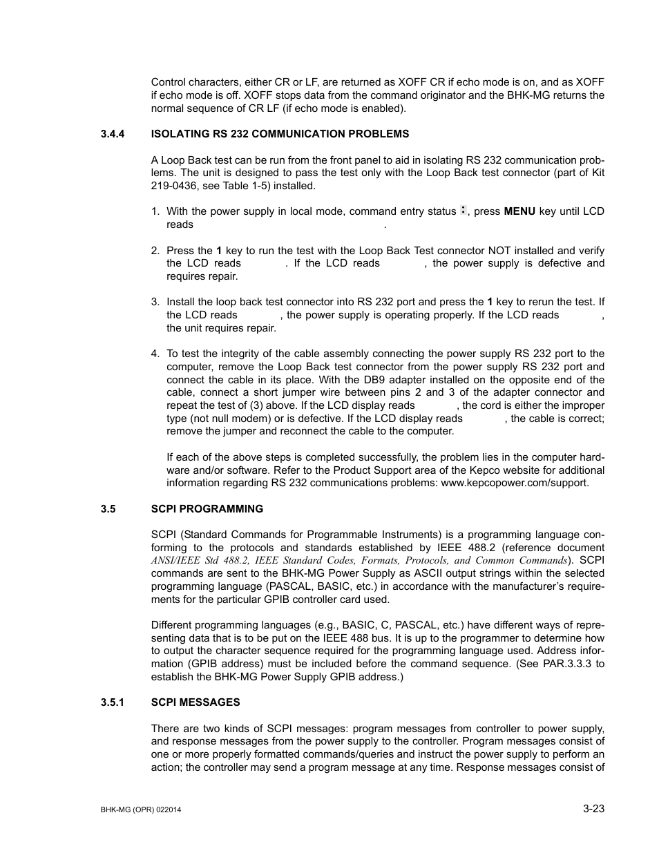 4 isolating rs 232 communication problems, 5 scpi programming, 1 scpi messages | Isolating rs 232 communication problems -23, Scpi programming -23, Scpi messages -23 | KEPCO BHK-MG 200W (Full Rack) Series User Manual | Page 67 / 152