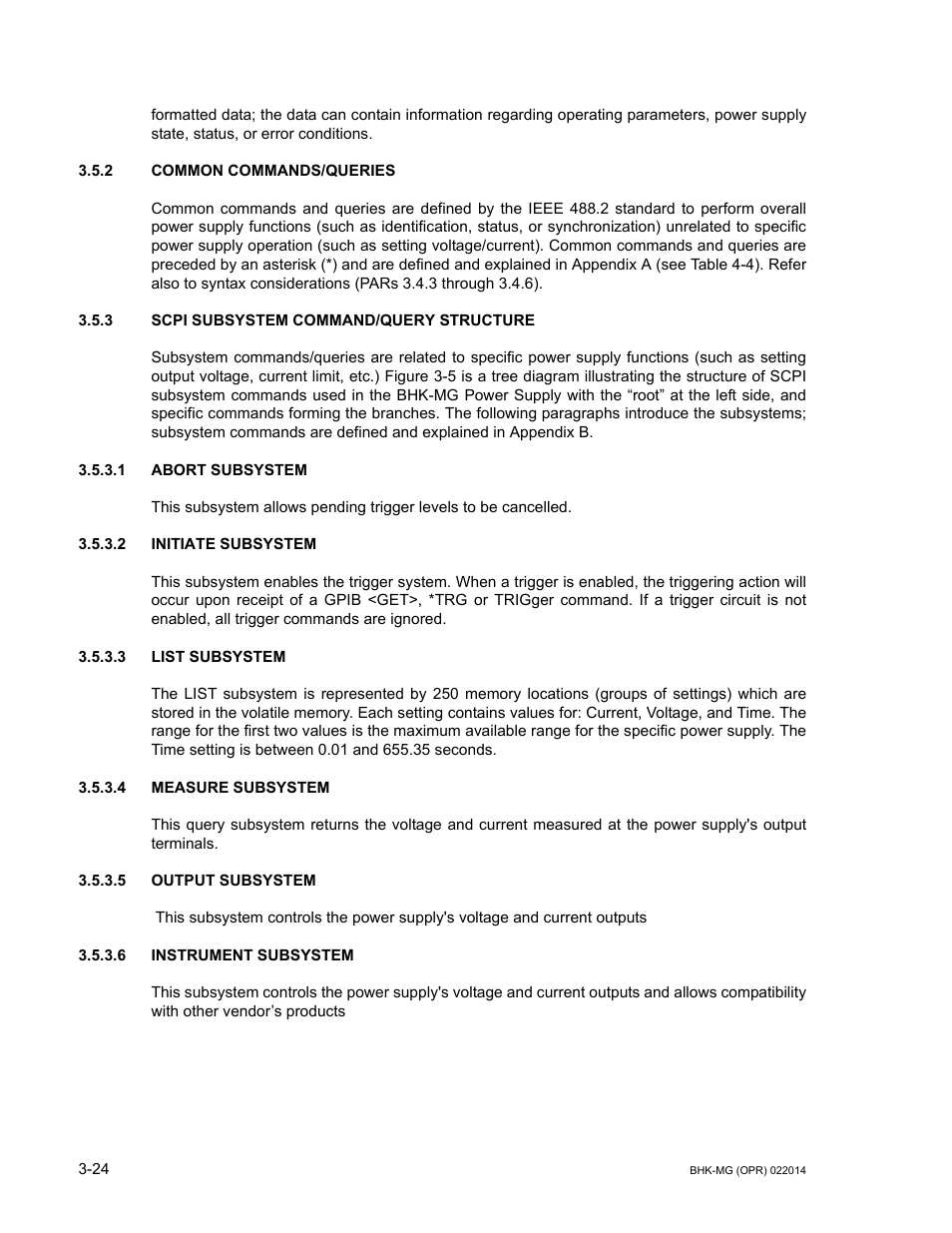 2 common commands/queries, 3 scpi subsystem command/query structure, 1 abort subsystem | 2 initiate subsystem, 3 list subsystem, 4 measure subsystem, 5 output subsystem, 6 instrument subsystem, Common commands/queries -24, Scpi subsystem command/query structure -24 | KEPCO BHK-MG 200W (Full Rack) Series User Manual | Page 68 / 152