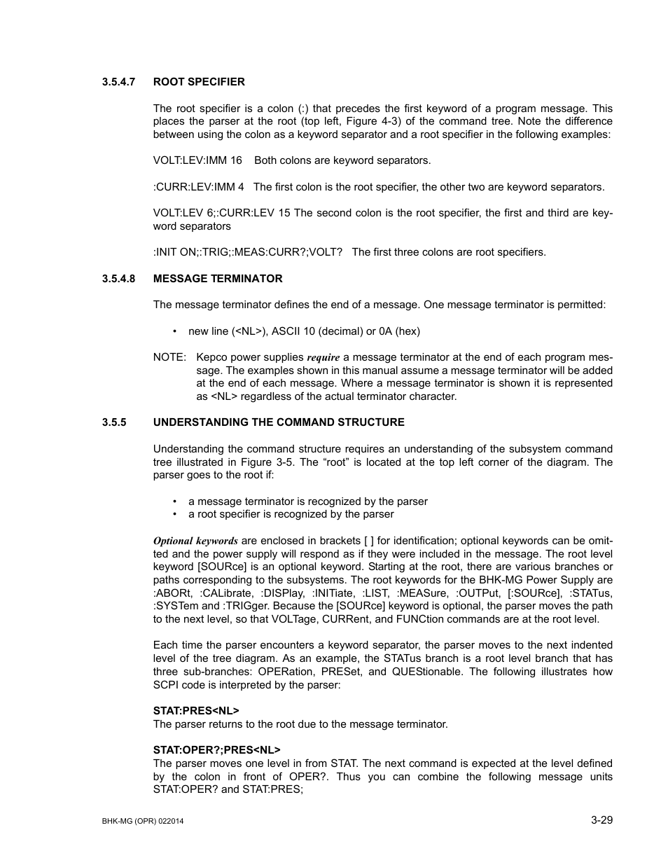 7 root specifier, 8 message terminator, 5 understanding the command structure | Root specifier -29, Message terminator -29, Understanding the command structure -29 | KEPCO BHK-MG 200W (Full Rack) Series User Manual | Page 73 / 152