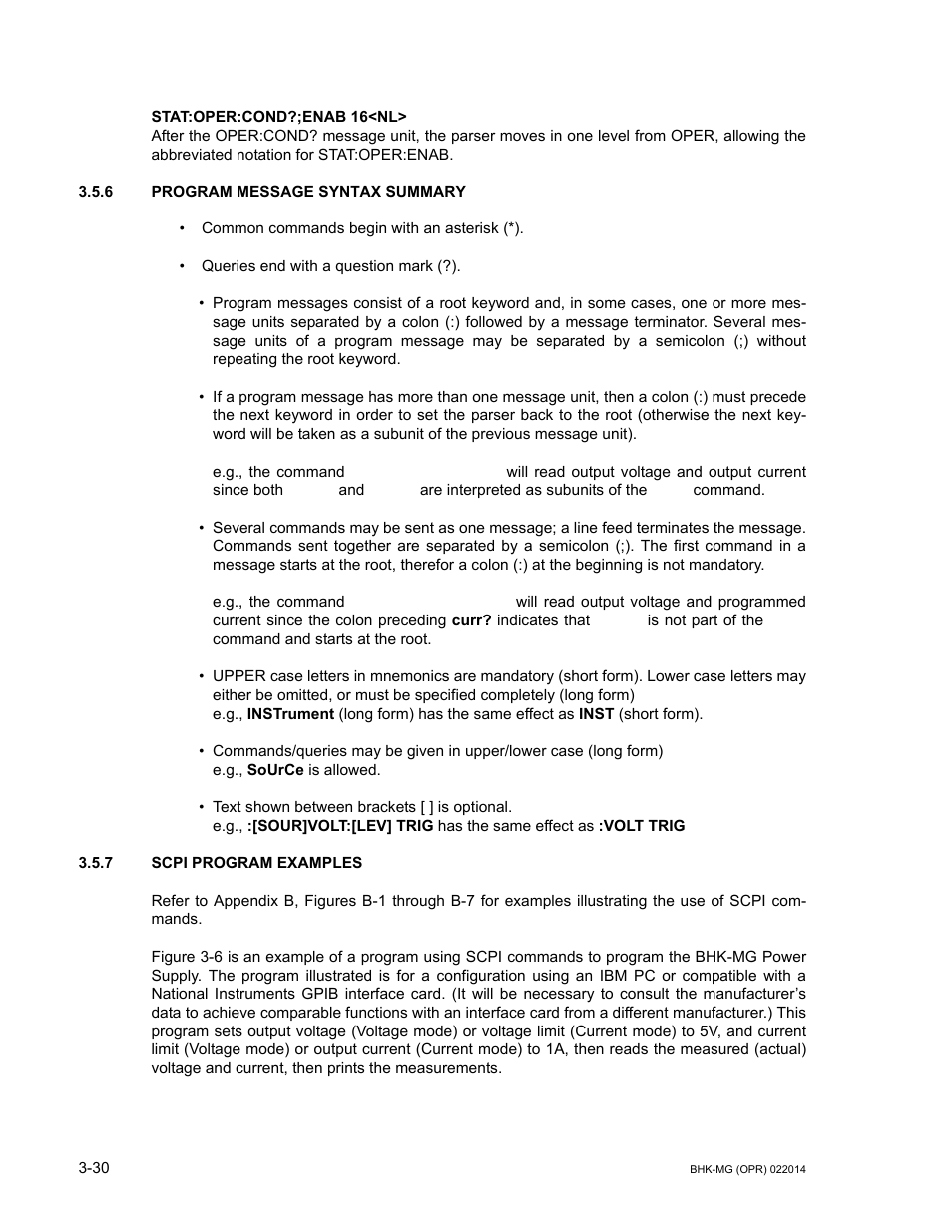 6 program message syntax summary, 7 scpi program examples, Program message syntax summary -30 | Scpi program examples -30 | KEPCO BHK-MG 200W (Full Rack) Series User Manual | Page 74 / 152