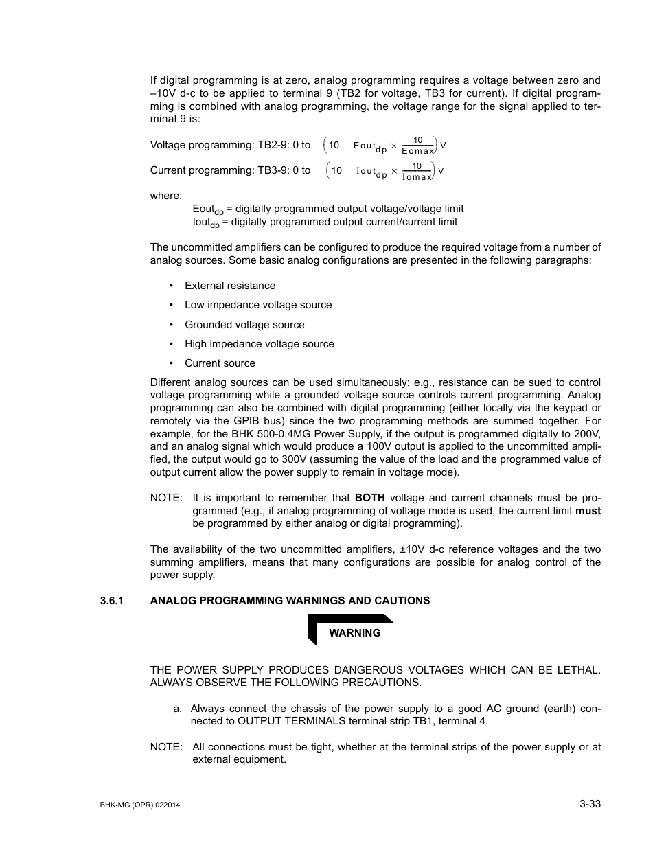 1 analog programming warnings and cautions, Analog programming warnings and cautions -33 | KEPCO BHK-MG 200W (Full Rack) Series User Manual | Page 77 / 152