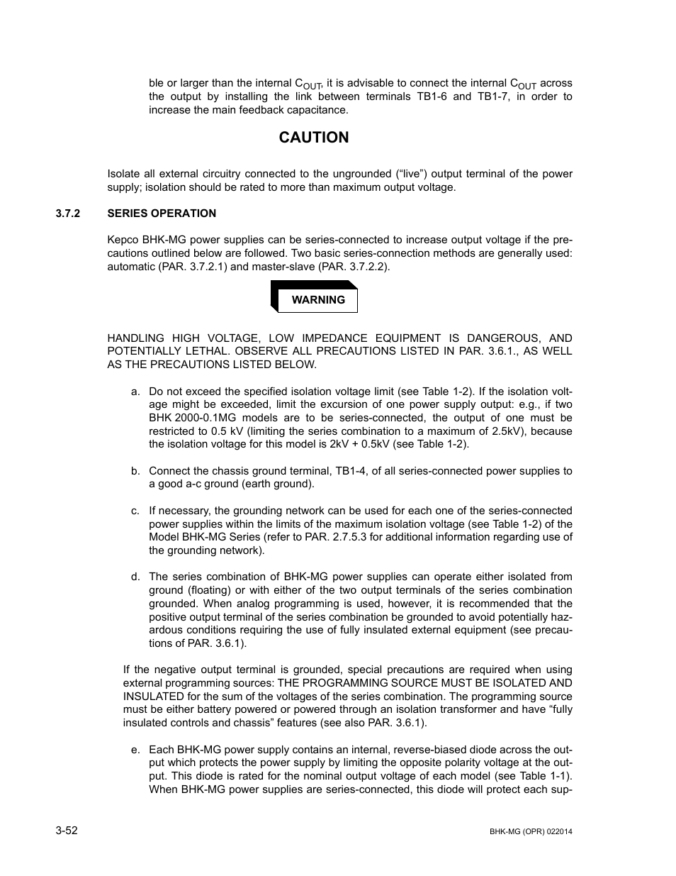 2 series operation, Series operation -52, Caution | KEPCO BHK-MG 200W (Full Rack) Series User Manual | Page 96 / 152