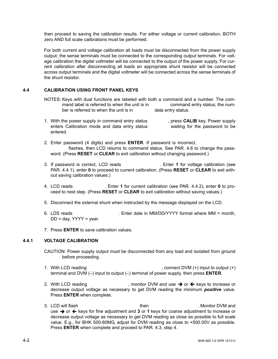 4 calibration using front panel keys, 1 voltage calibration, Calibration using front panel keys -2 | Voltage calibration -2, Ar. 4.4 | KEPCO BHK-MG 40W (Half Rack) Series User Manual | Page 114 / 148