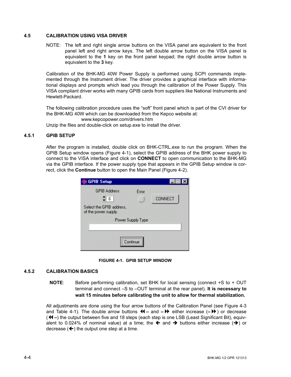 5 calibration using visa driver, 1 gpib setup, Figure 4-1. gpib setup window | 2 calibration basics, Calibration using visa driver -4, Gpib setup -4, Calibration basics -4, Gpib setup window -4, 5). this | KEPCO BHK-MG 40W (Half Rack) Series User Manual | Page 116 / 148