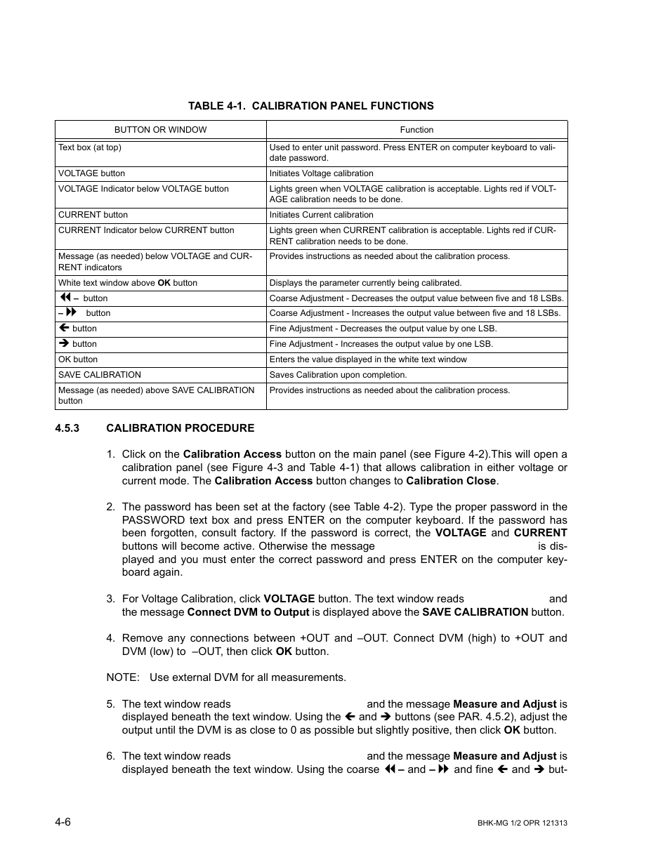 Table 4-1. calibration panel functions, 3 calibration procedure, Calibration procedure -6 | Calibration panel functions -6, Ble 4-1) | KEPCO BHK-MG 40W (Half Rack) Series User Manual | Page 118 / 148