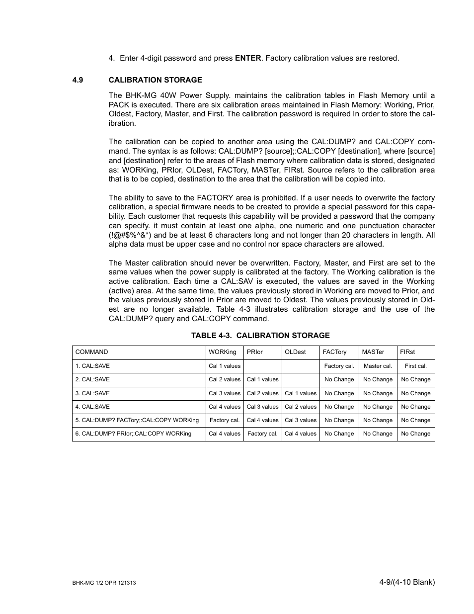 9 calibration storage, Table 4-3. calibration storage, Calibration storage -9 | KEPCO BHK-MG 40W (Half Rack) Series User Manual | Page 121 / 148