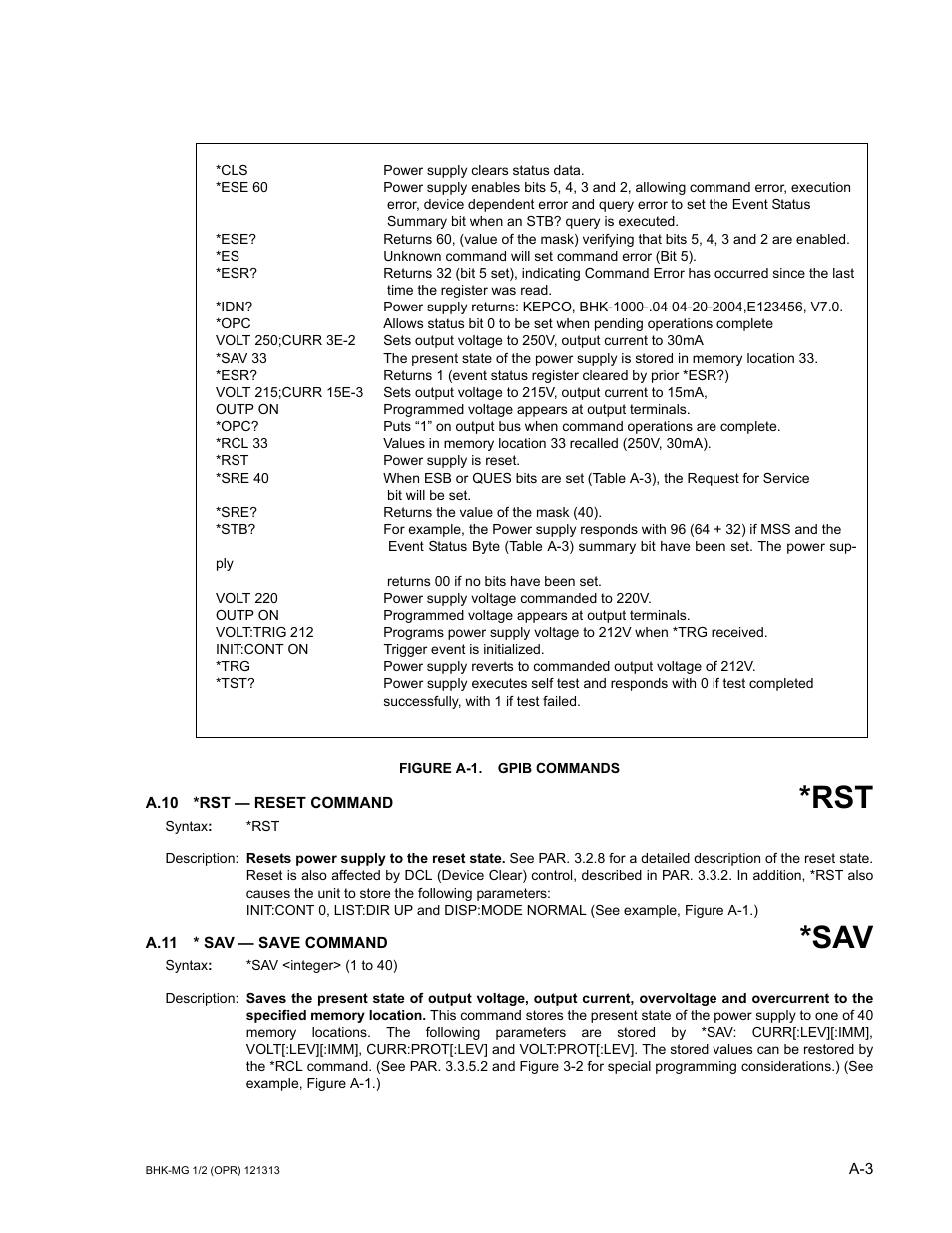 Figure a-1. gpib commands, A.10 *rst — reset command, A.11 * sav — save command | A.10, A.11, Gure a-1.), A-1.), Re a-1.) as an | KEPCO BHK-MG 40W (Half Rack) Series User Manual | Page 125 / 148
