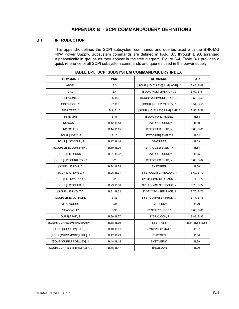 Appendix b - scpi command/query definitions, Table b-1. scpi subsystem command/query index, Appendix b | KEPCO BHK-MG 40W (Half Rack) Series User Manual | Page 127 / 148
