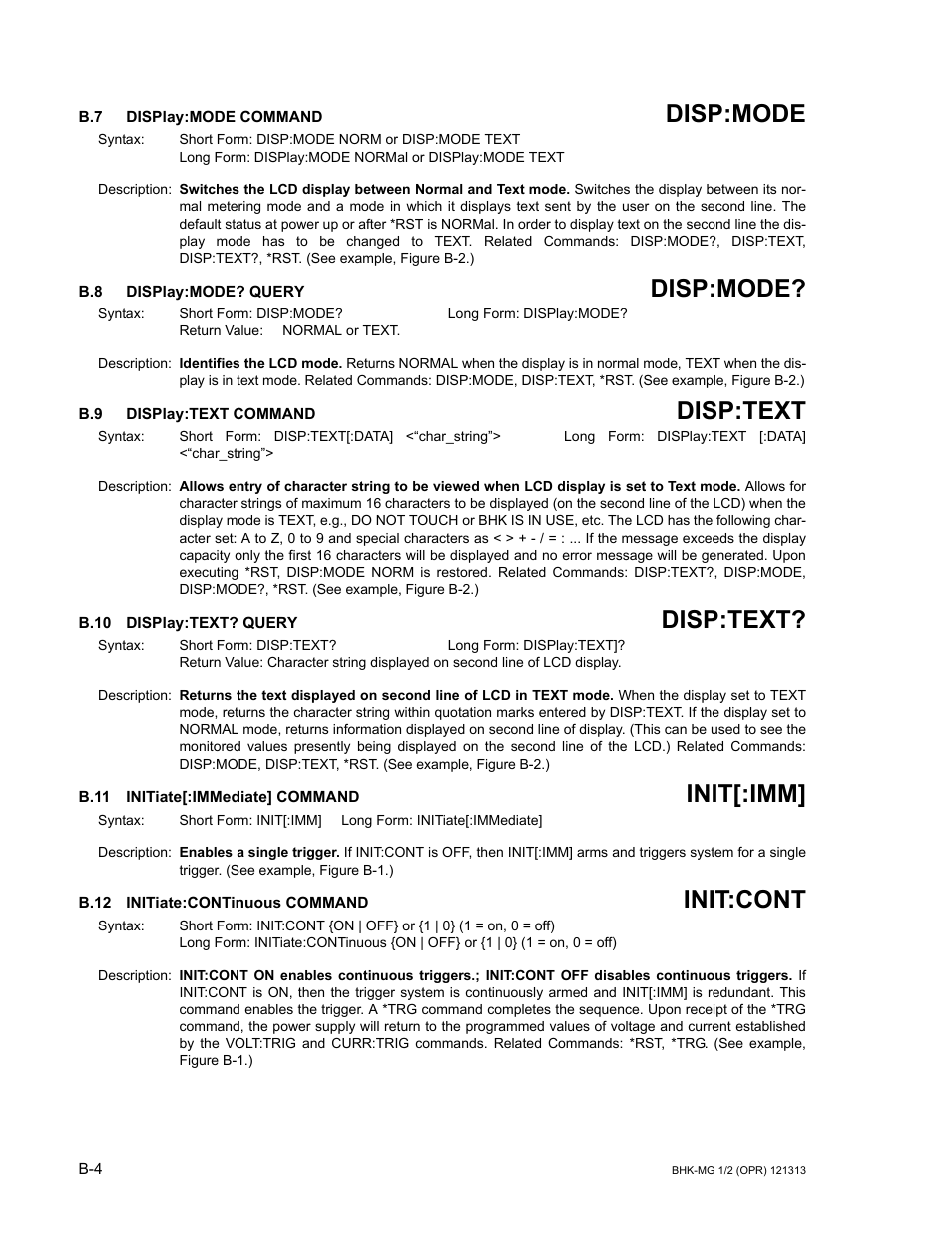 B.7 display:mode command, B.8 display:mode? query, B.9 display:text command | B.10 display:text? query, B.11 initiate[:immediate] command, B.12 initiate:continuous command, Display, B.10, B.11, Initiate[:i | KEPCO BHK-MG 40W (Half Rack) Series User Manual | Page 130 / 148