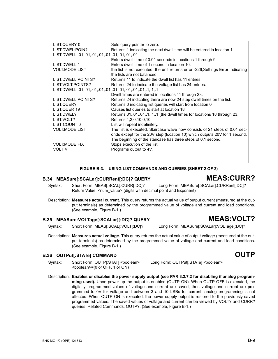 B.34 measure[:scalar]:current[:dc]? query, B.35 measure:voltage[:scalar][:dc]? query, B.36 output[:state] command | B.34, Measure, B.35, Meas, B.36, Outp, Meas:curr | KEPCO BHK-MG 40W (Half Rack) Series User Manual | Page 135 / 148