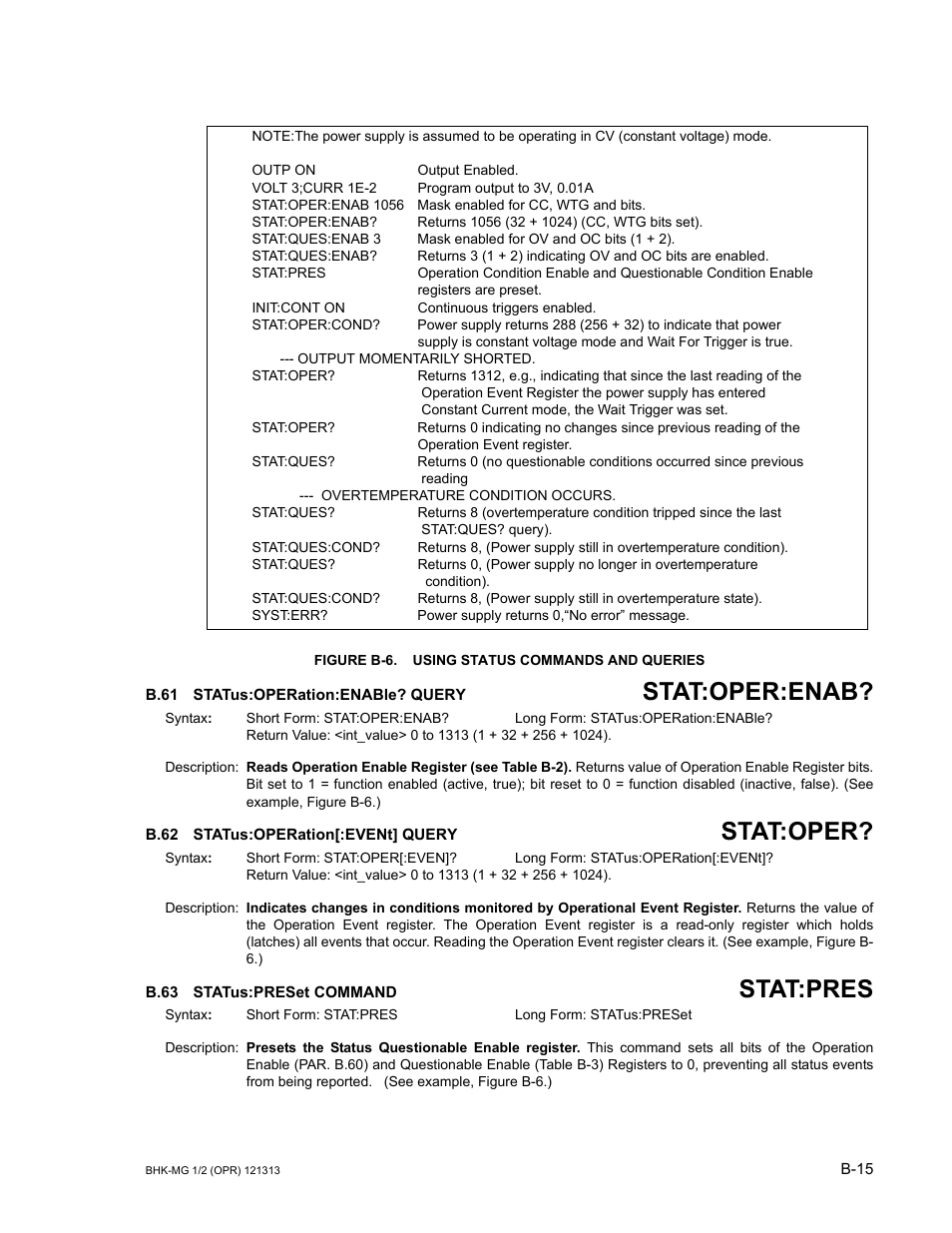 Figure b-6. using status commands and queries, B.61 status:operation:enable? query, B.62 status:operation[:event] query | B.63 status:preset command, B.61, Stat, B.62, B.63, Stat:oper:enab, Stat:oper | KEPCO BHK-MG 40W (Half Rack) Series User Manual | Page 141 / 148